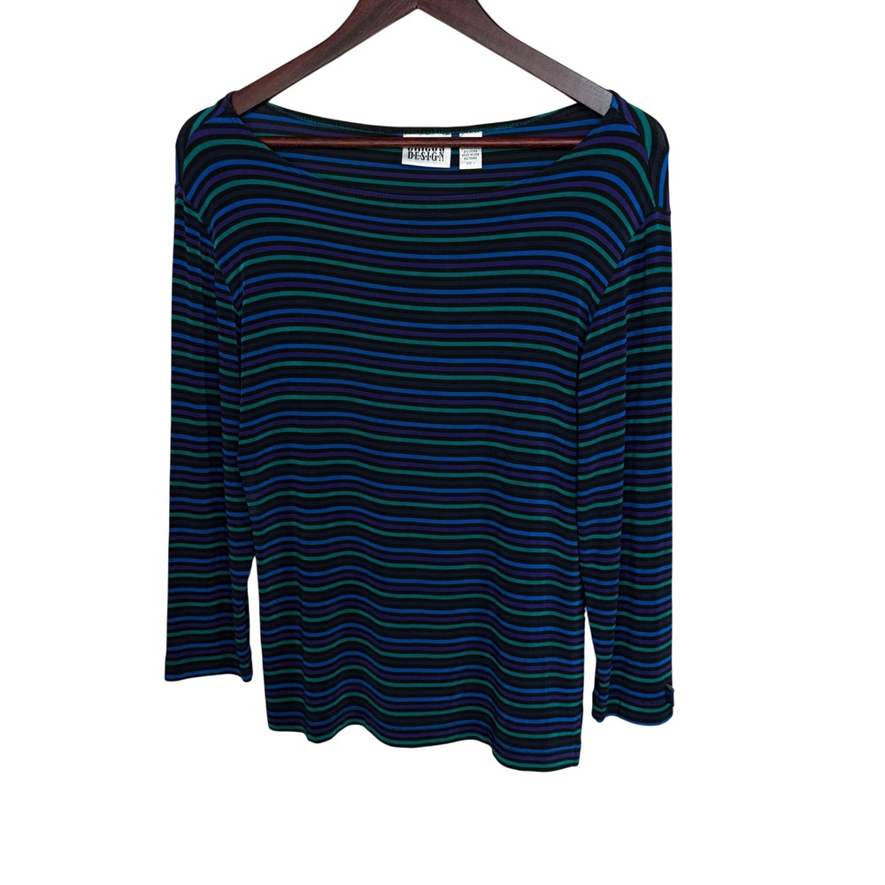 Vtg Chico's Design Striped Long Sleeve Top Purple Blue Green Boat Neck Size 1
